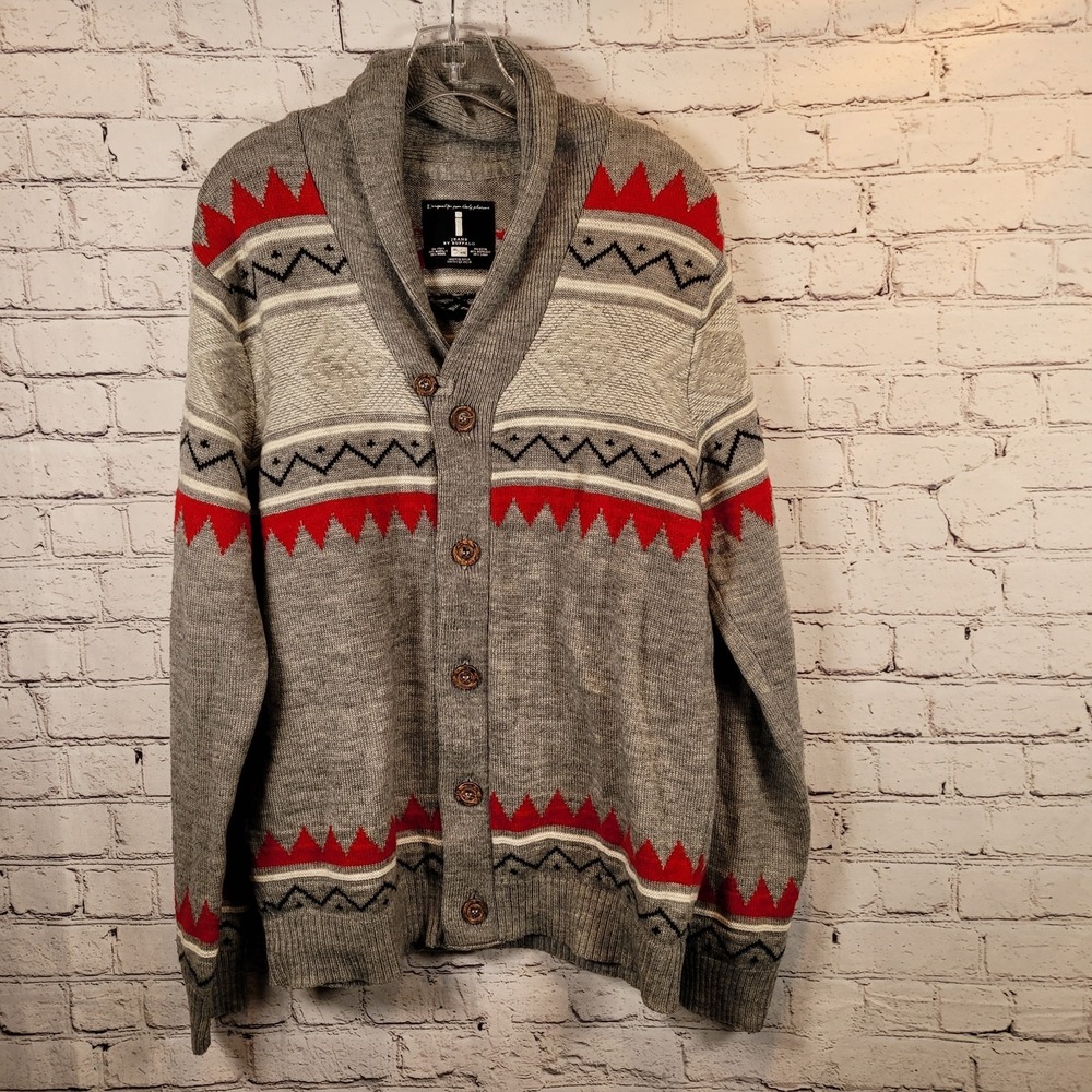 I Jeans By Buffalo Gray/Red Nordic Cardigan Sweater XL Winter Cozy